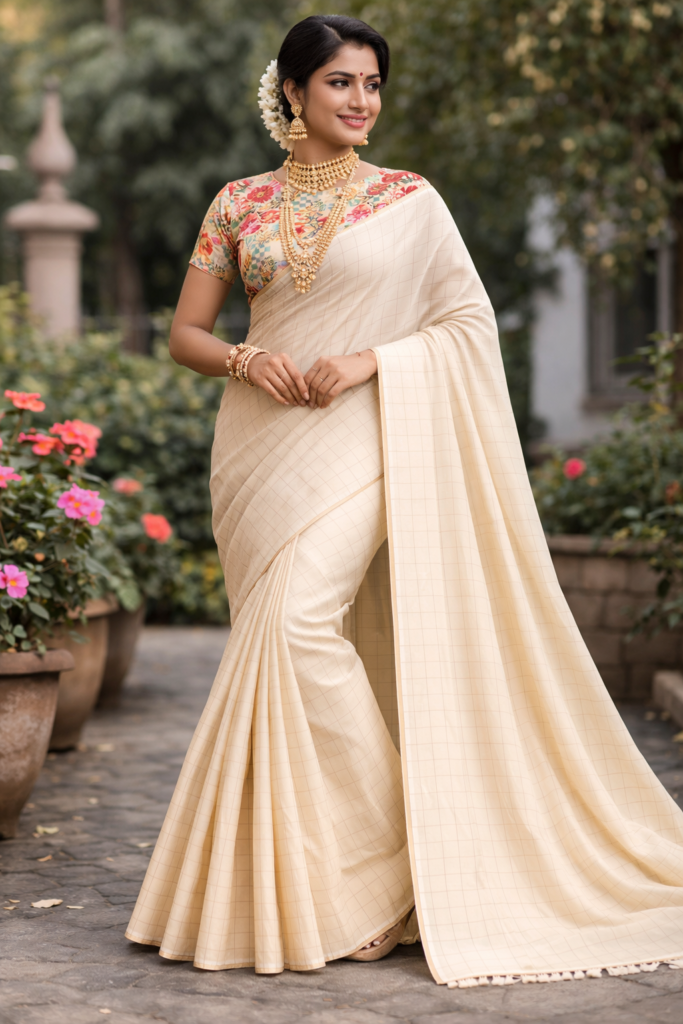 checks plain sarees with digital blouse