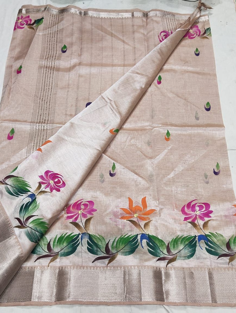 150k silver zari boarder mangalagiri cotton by pattu handloom hand paint saree