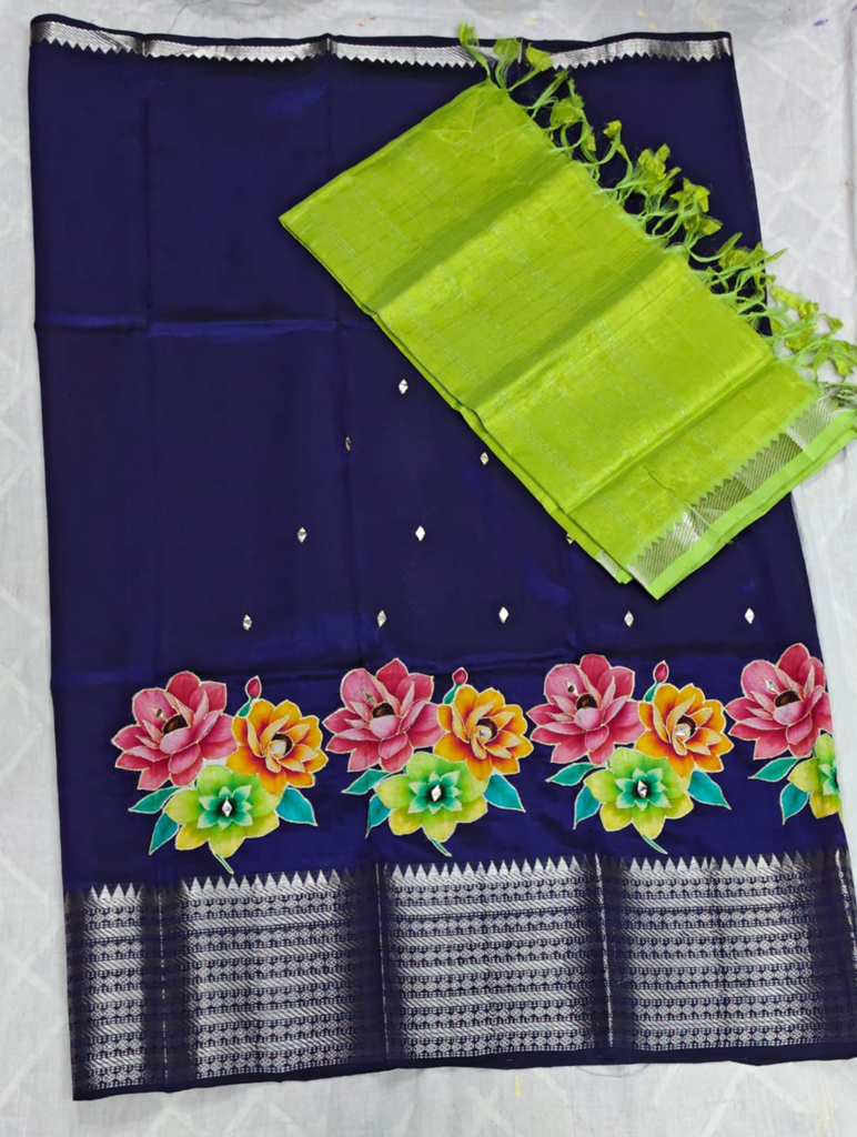 mangalagiri cotton by pattu handloom applique work dress materials top comes with applique work 2.5m dupata comes with checks 2.5m