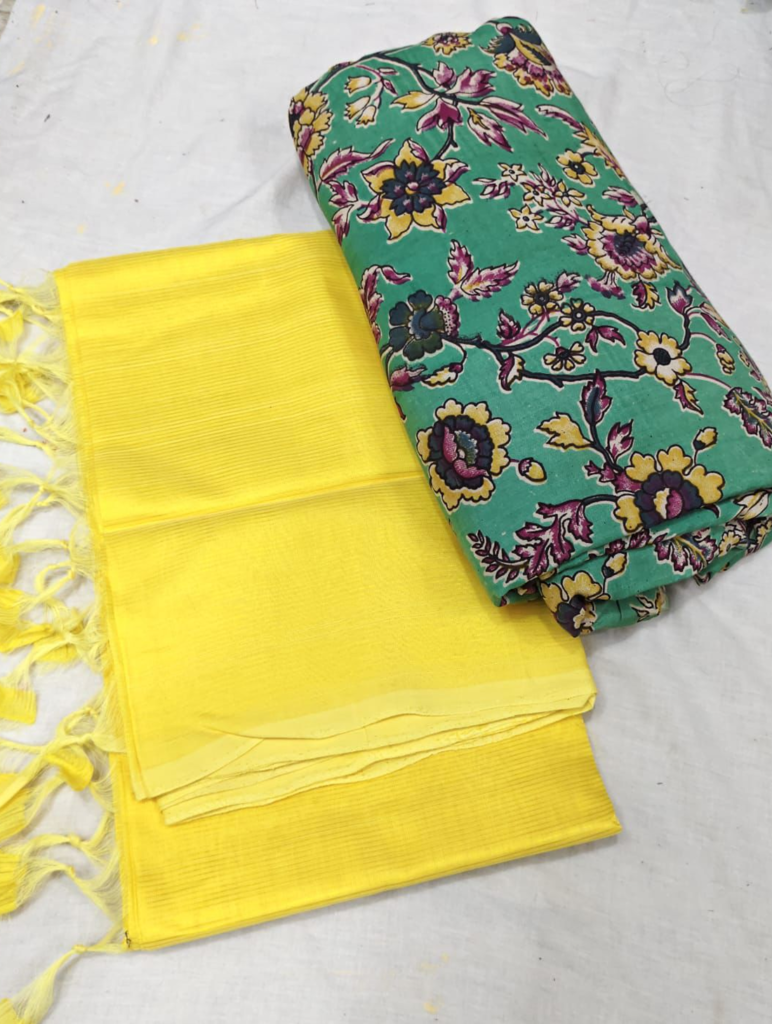 mangalagiri cotton by pattu handloom plain saree with extra kalamkari soft silk blouse