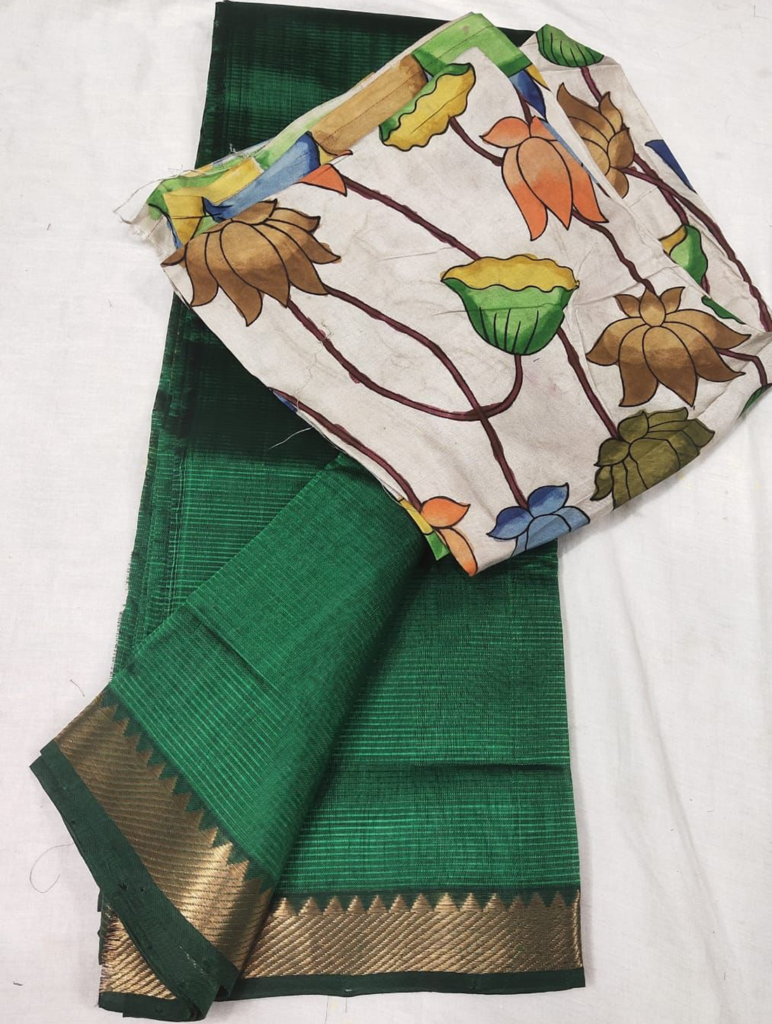 nizam boarder mangalagiri cotton by pattu handloom plain sarees with original pen kalamkari blouse
